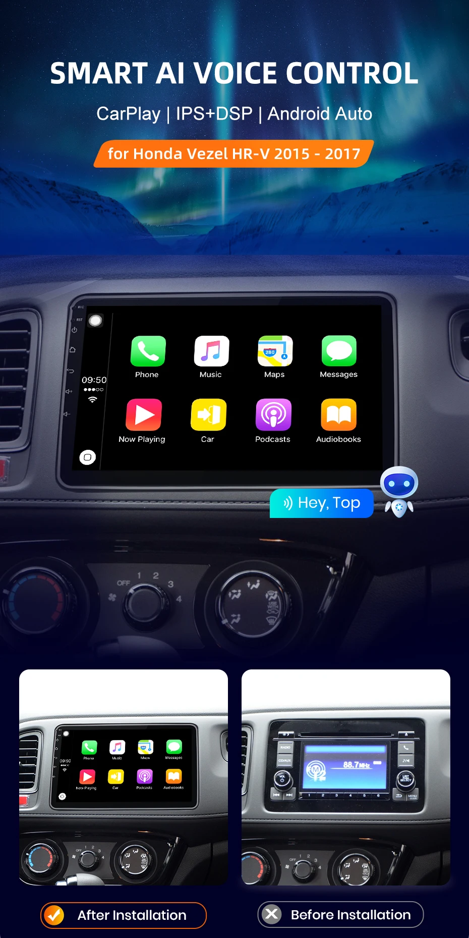 Für Honda Vezel HR-V 2015-2017 CarPlay für Apple Android Auto Auto Radio GPS IPS RDS FM WiFi BT 4G 8Core Multimedia Stereo – Detail 1