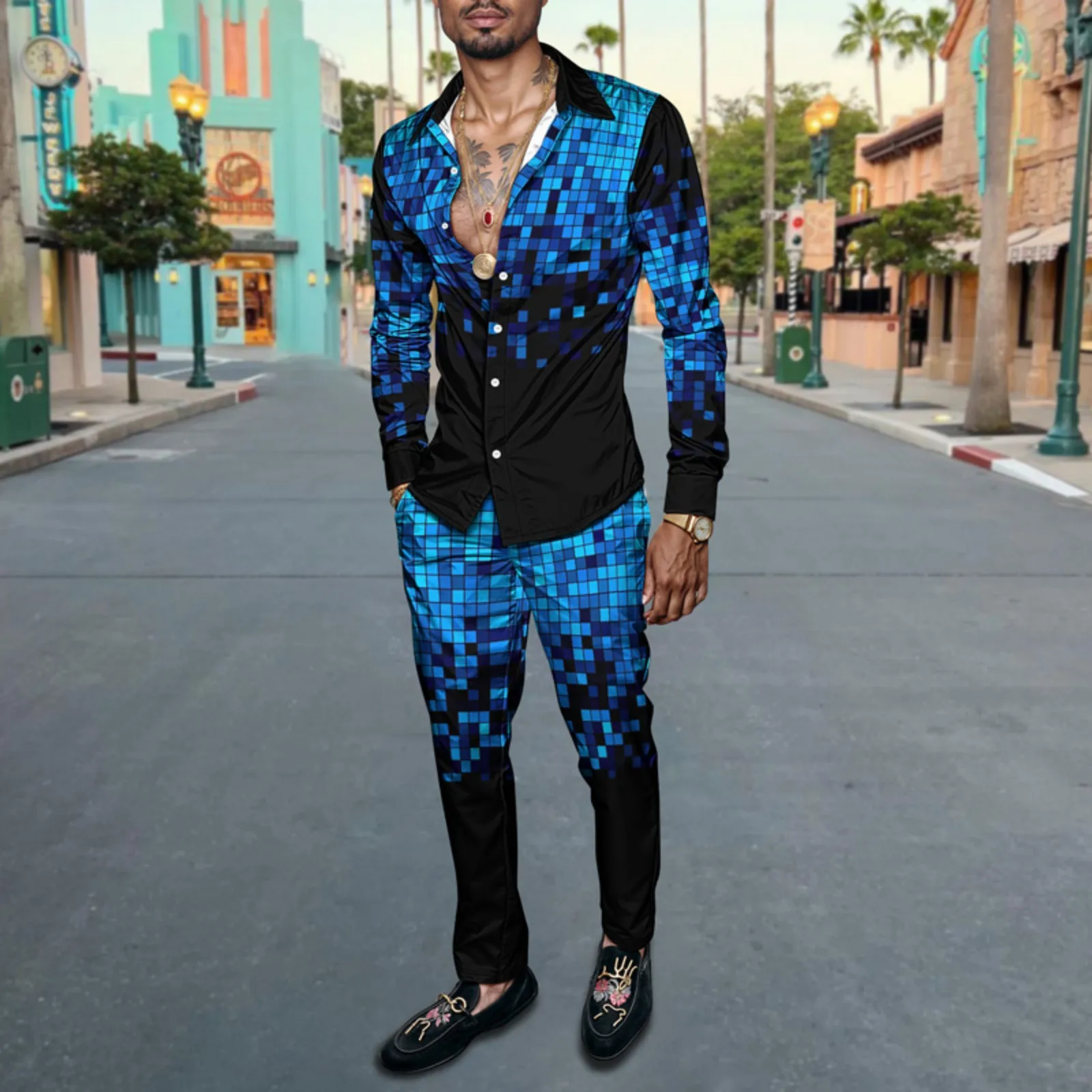 2025 New Arrival Men Shirt Set Geometry Print Summer Fashion Simple Two Piece Set Mens Gradient Lightweight Party Long Sleeves_voghion.com