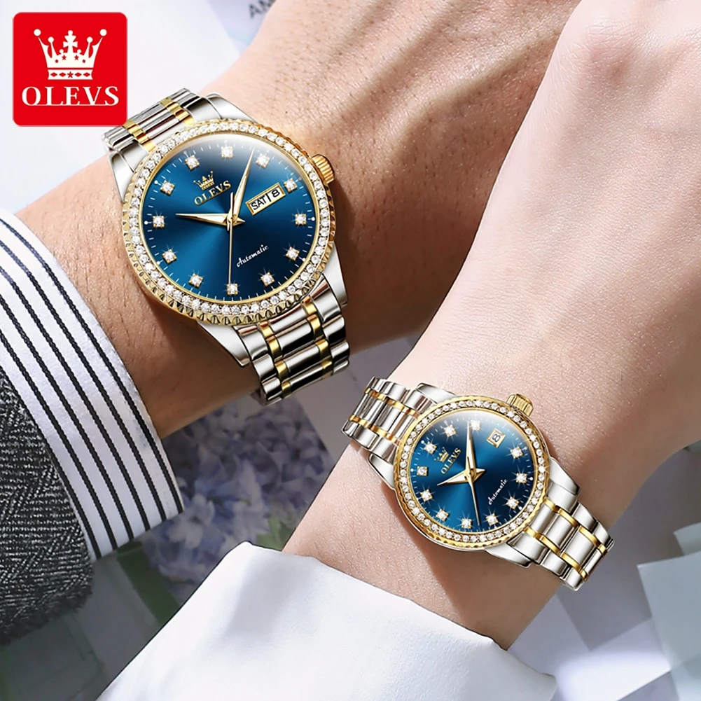 OLEVS Automatic Couple Watch for Men Women Luxury Top Diamond Lap Stainless Steel Waterproof Mechanical Wristwatches Date Clock
