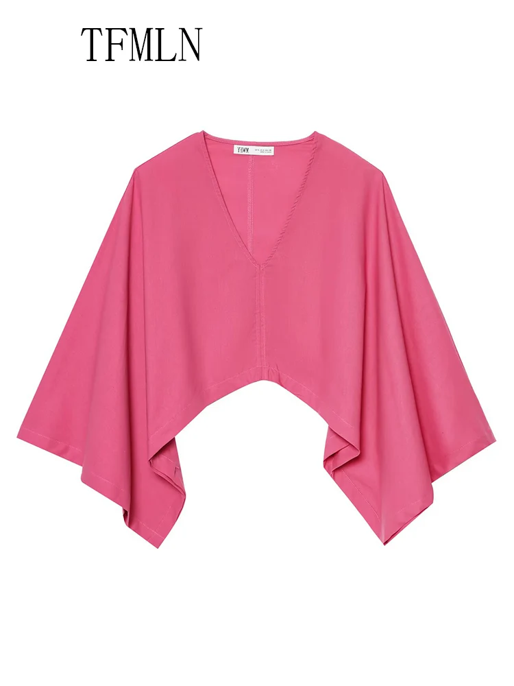 TFMLN 2025 Summer Women Asymmetrical Kimono Style Blouse Fashion Causal V-neck Batwing Sleeve Loose Top High Street Pullover Top