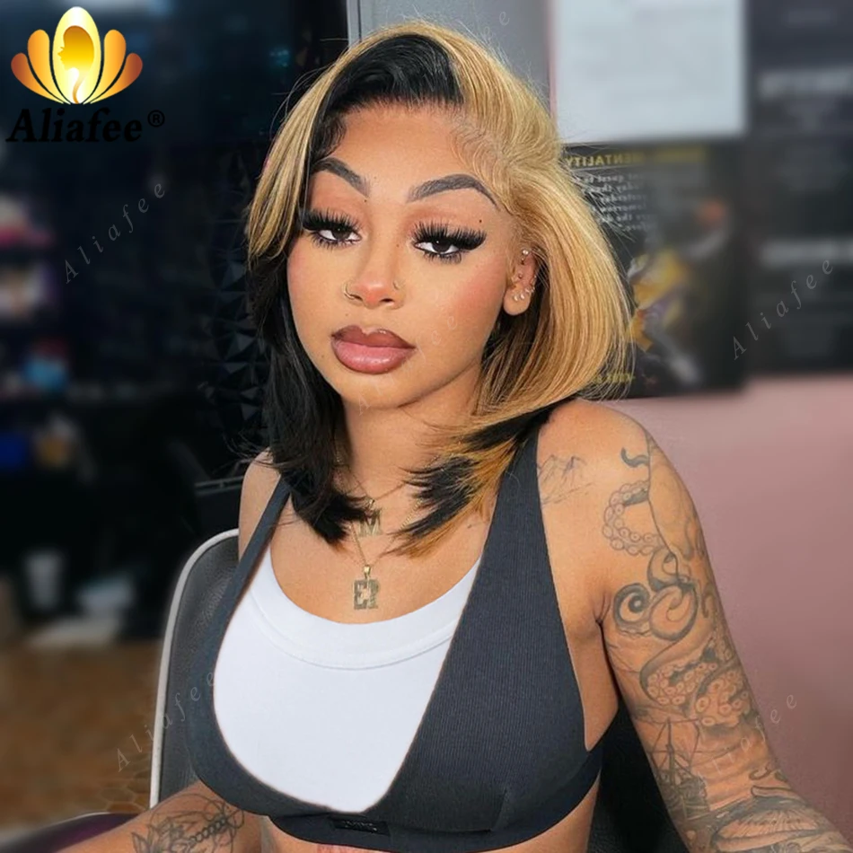 1B With Honey Blonde Short Bob Wigs 200% Density Full 13X4 Lace Frontal Wig Human Hair Straight Bob Wig Human Hair for Women
