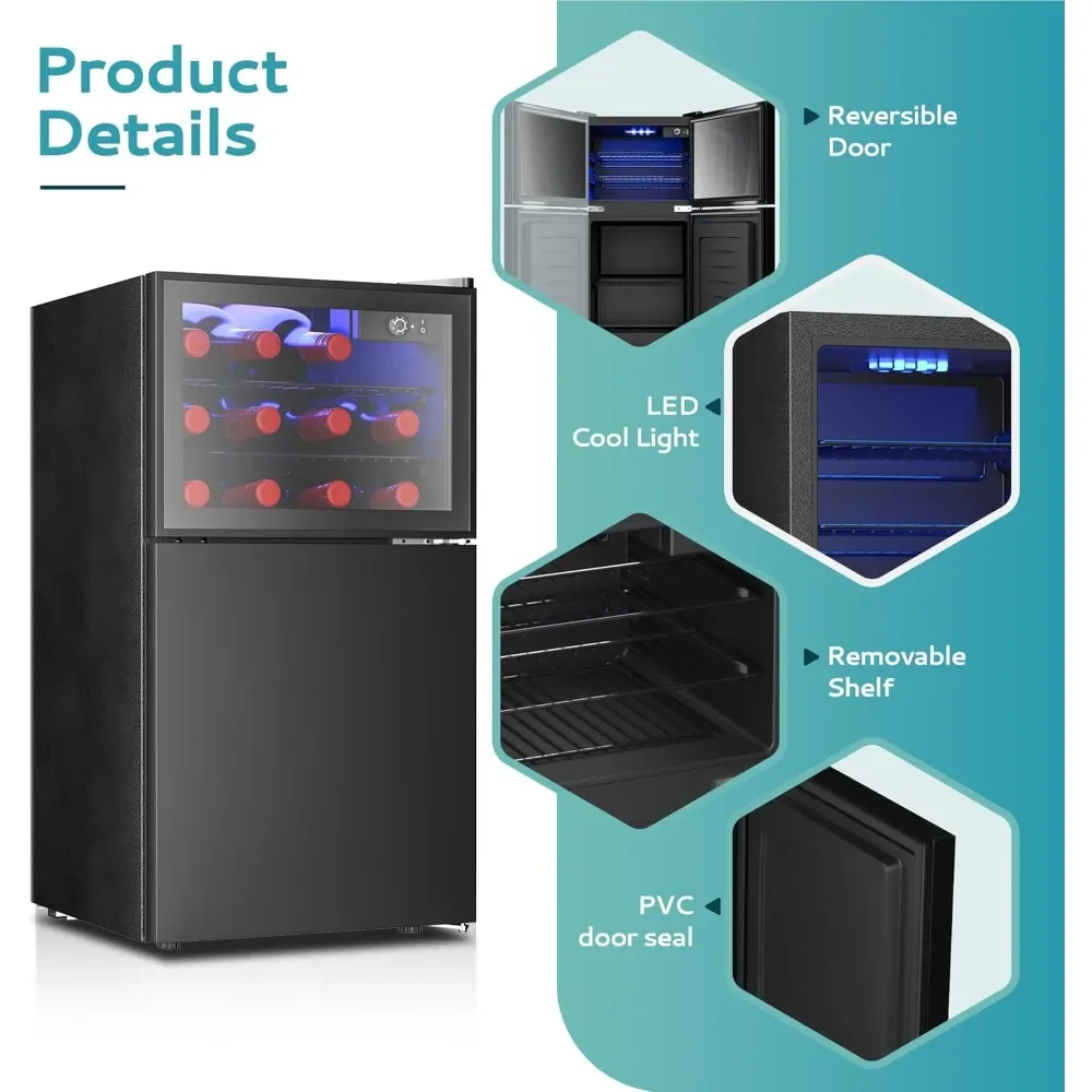 NEW-Double Door Mini Fridge With Freezer, Freestanding Wine Cooler Refrigerator With Reversible Door, Compact Refrigerator Tempe