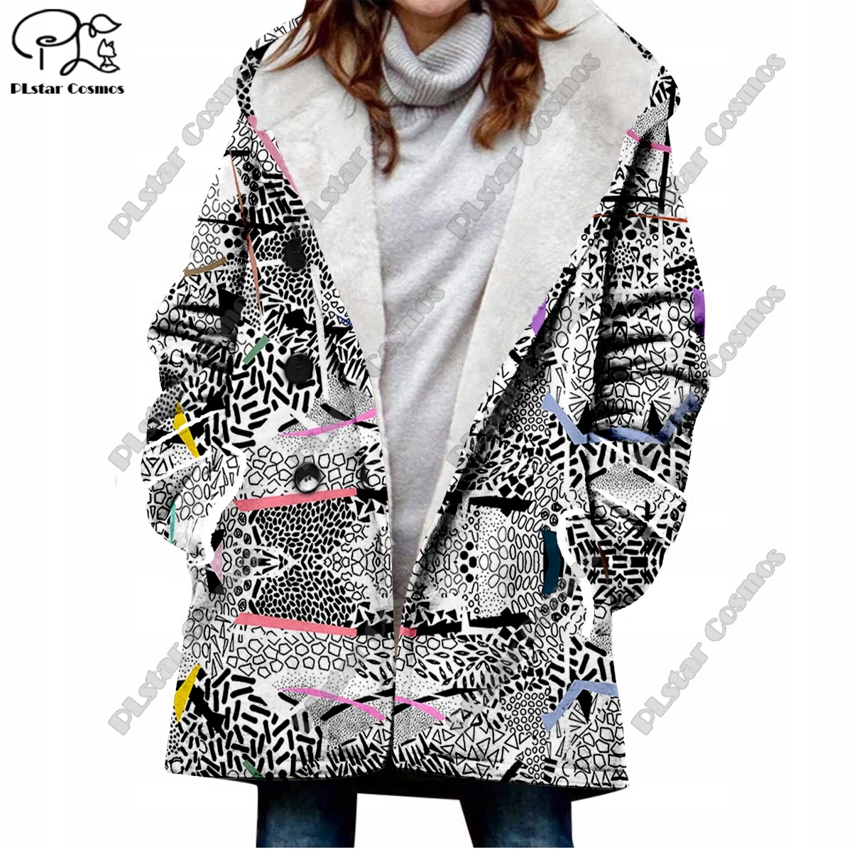 3D printing retro gradient pattern printed hooded fleece jacket warm women's jacket winter casual gift series new style -6