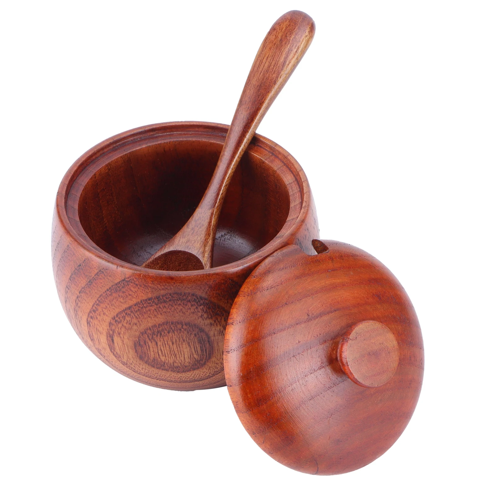 Wooden Salt Bowl with Lid Spoon Vintage Spice Jar Seasoning Container Cooking Utensil 150ml for Home Kitchen food storage container
