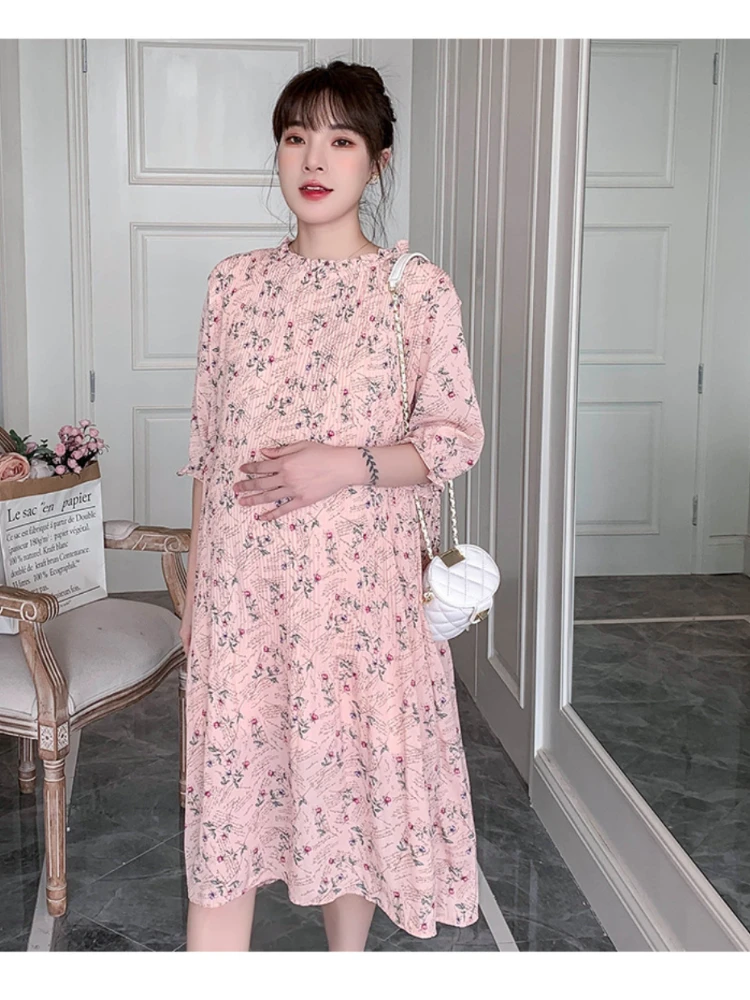 Korean Style Maternity dress Chiffon Sweet Short Sleeve Floral vestidos Pregnancy dress Pregnant Woman clothing Mini Dresses