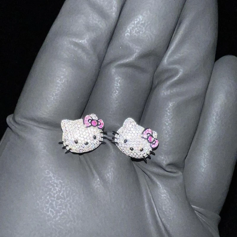 

Hello Kitty Stud Earrings S925 Full Diamond Solid Fashion Men and Women Hot Girl Hello Kitty y2k Ornament