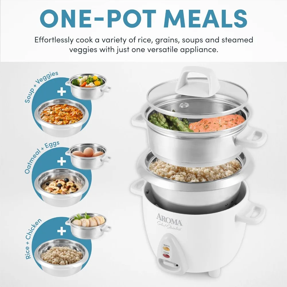 6-Cup (Cooked Yield ) / 1.2Qt. Select Stainless Pot-Style Rice Cooker, & Food Steamer One-Touch Operation White Electric Cooker 2