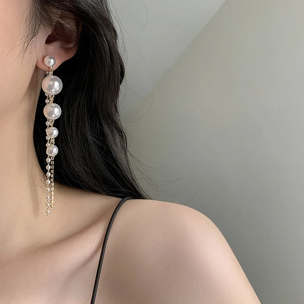 

Korean Fashion Full Pearl Long Tassel Rhinestone Drop Earrings for Women 2023 New Design Hangable Ear Line Earring Jewelry Gift