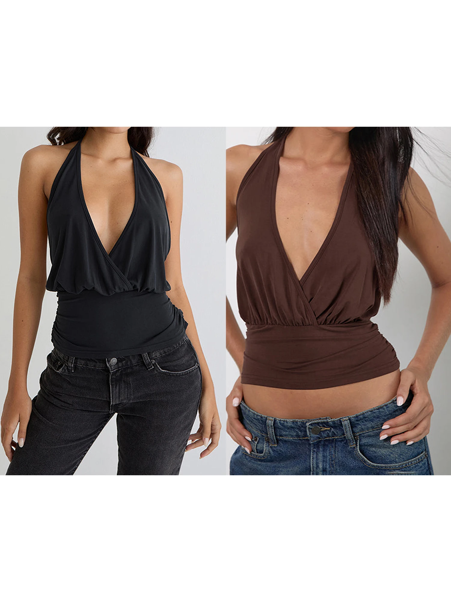 Elegant Women s Sleeveless Halter Top with Ruched Detailing and Backless Design for a  Fit and Stylish Look