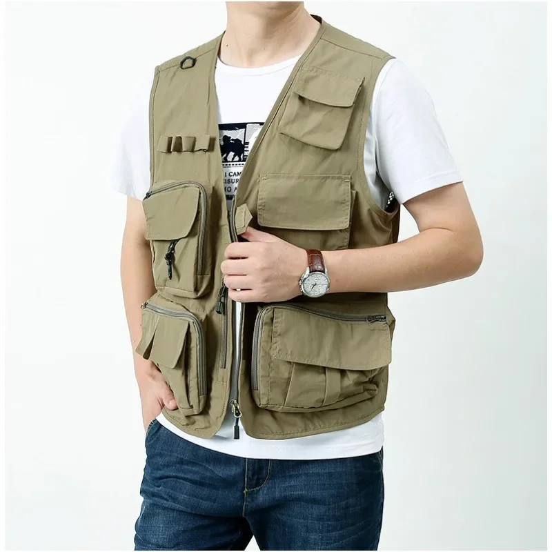 Fishing Clothing Embroidered Vest Sleeveless Jacket Zip Fashion Work Multi Pocket Camping Hunting Jackets Men Leisure Sports Man