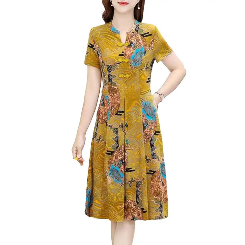

Elegant Women Midi Dress Chinese Style V-neck with Pleated Pockets for Mid-aged A-line Knee Length Dress Mother