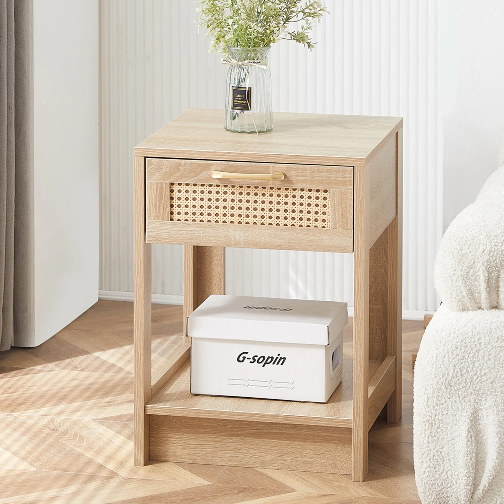 Moderner Rattan-Beistelltisch mit Schublade, Nachttisch, multifunktionaler Beistelltisch für Wohnzimmer, Schlafzimmer, H55×B40×H40cm – Detail 9