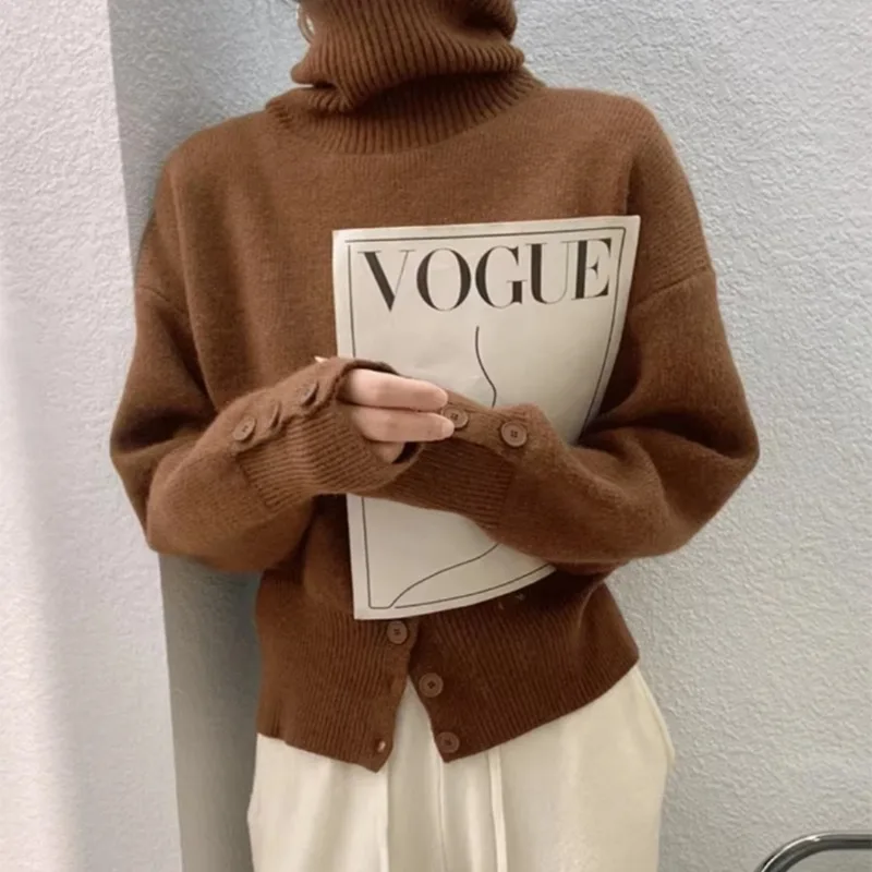 New Elegant Turtleneck Pullover Sweater for Women Autumn Winter Fashion Hem Button Solid Sweater Casual Long Sleeve Knitwear
