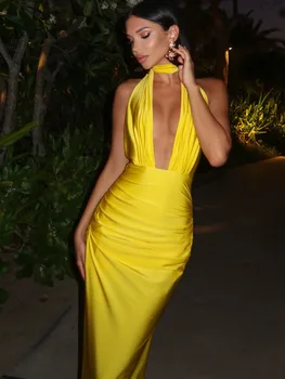 Articat Elegant Spaghetti Strap Satin Bodycon Split Long Dress Women's Sexy Deep V Backless Evening Dress Female Party Clubwear 1