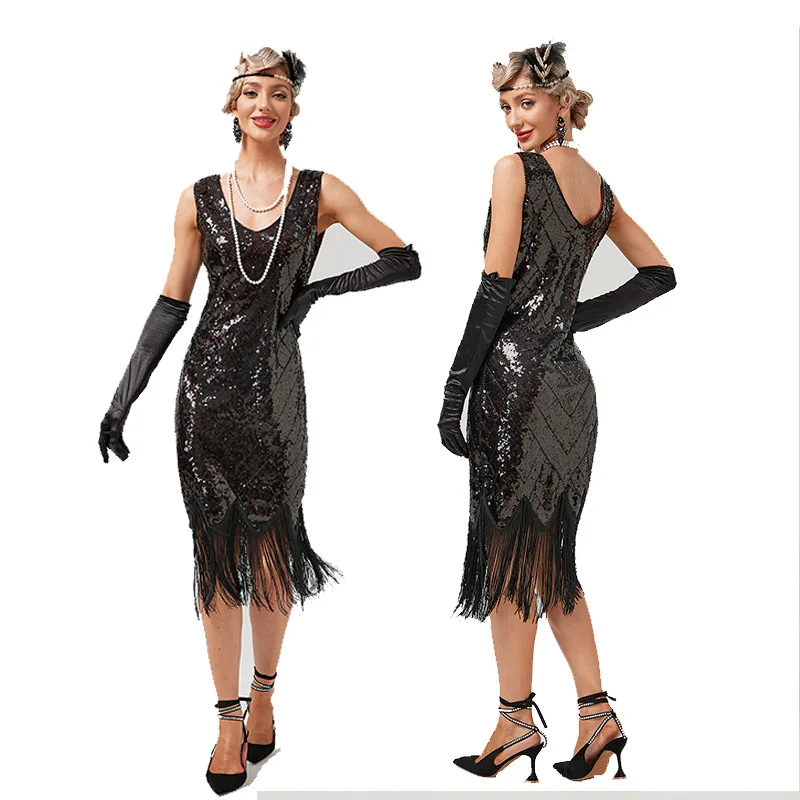 

30s New Design Women 1920s Vintage Big V-Neck Flapper Fringe Beaded Great Gatsby Party Cocktail Tassels Dress Size XS-3XL