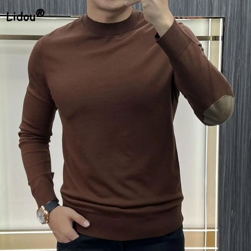 비즈니스 캐주얼 솔리드 라운드넥 니트 풀오버, 남성 의류, 편안한 패치워크, 긴팔 스웨터, 가을 겨울 패션