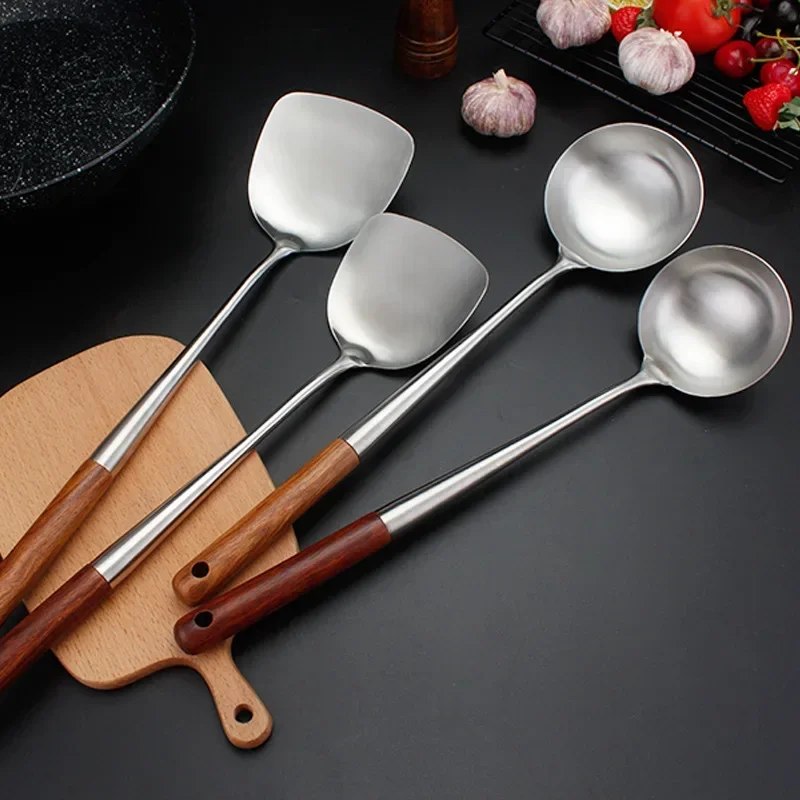 Cooking Spatula Steak Spatula 304 Stainless Steel Spatula Spoon With Wooden Handle Lengthened Cooking Spoon Anti-Scalding Cooking Shovel Kitchenware