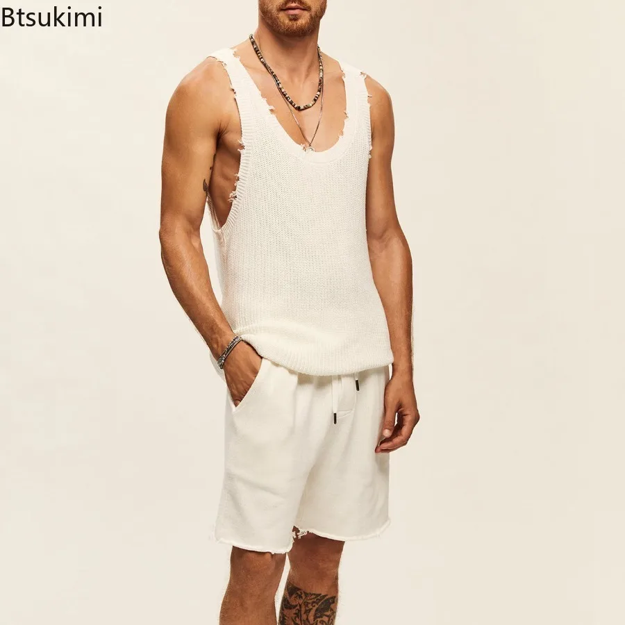 New 2024 Men's Summer Casual 2PCS Sets Knitted Fashion Tank Tops and Shorts Sets Mens Two Piece Set Streetwear Clothes Men Sets