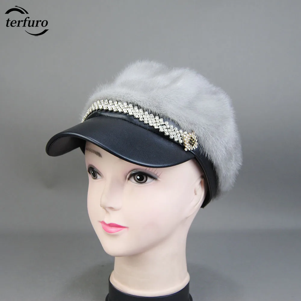 Winter Baseball Hat Women Full Pelt Real Mink Fur Hats Lady Luxury Warm Natural Mink Fur Visors Caps Female Fashion Hat