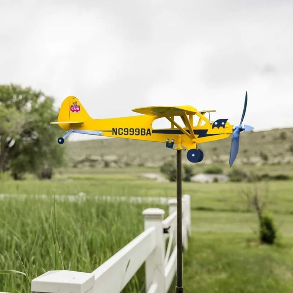 3D Garden Decor Piper J3 Cub Wind Spinner Plane Metal Airplane Weather Vane Outdoor Roof Wind Direction Indicator garden art decor wind spinner