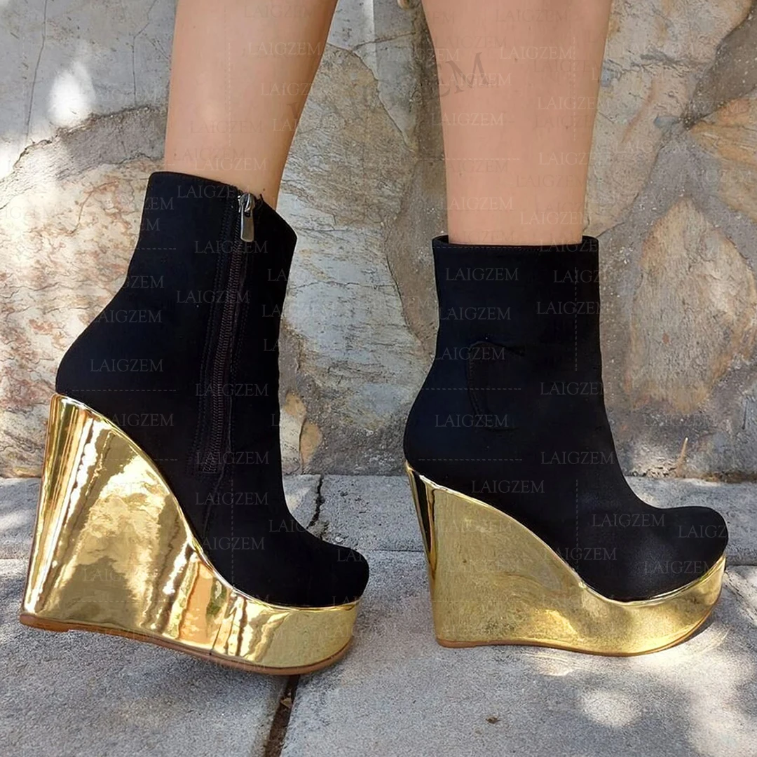 

SEIIHEM Women Ankle Boots Platform Wedges Patchwork Side Zip Up Shiny + Faux Suede Female Ladies Shoes Woman Big Size 42 46 52