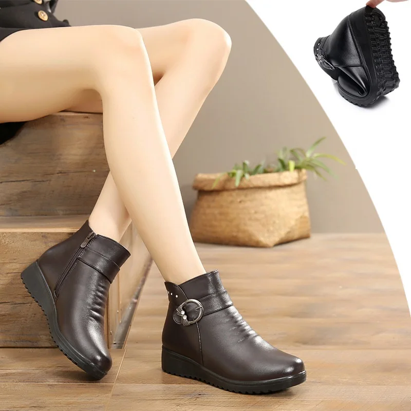 Women Boots Winter Shoes Fashion Woman Genuine Leather Wedges Ankle Boots Casual Keep warm Women Snow Boots plus size 35-42