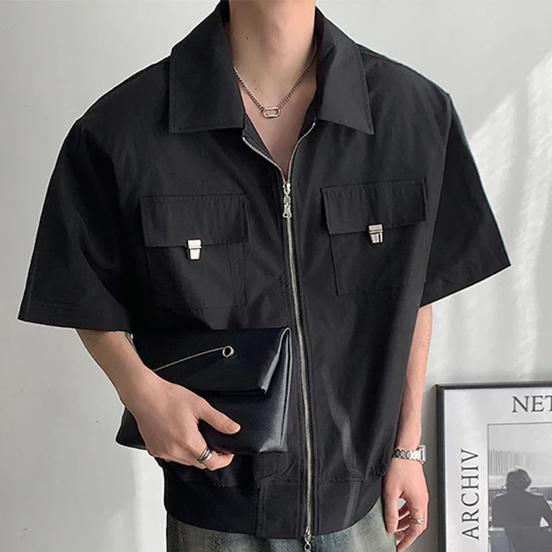 

Streetwear Mens Y2K Shirts Oversize Casual Loose Solid Color Shirt Men Summer Trendy Patchs Pockets Zip-up Shirt Male Cardigans