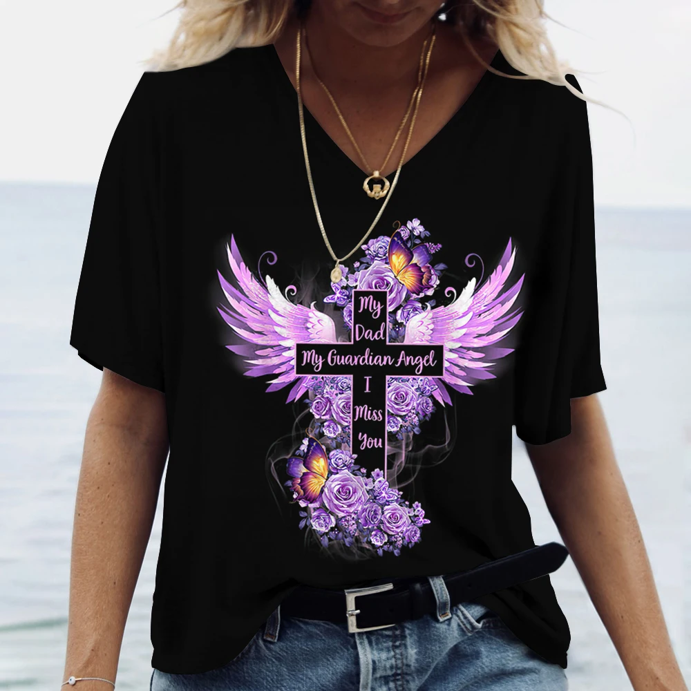 Gesù Cristo T-shirt da donna con scollo a V in cotone Pullover Haruku Abbigliamento Estate Camicia a maniche corte oversize Donna Casual801_voghion.com