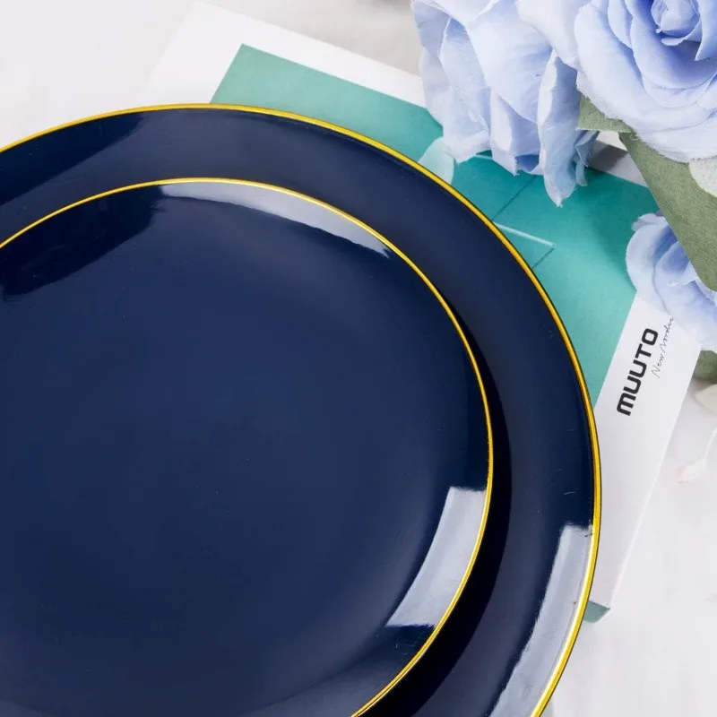 150PCS Blue Plastic Plates-Gold Plastic Silverware-Navy Disposable Plates Include 30 Guests Plates, Forks, Spoons, Knives