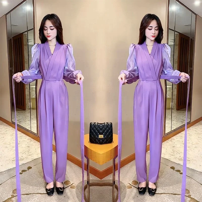 

Jumpsuit Women Long Sleeve V-neck High-end Feeling, Spring Niche Fashion Solid Color Foreign Style Tie Up Straight Tube Pants