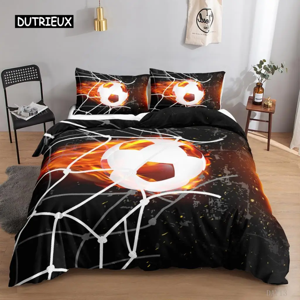 

Football Duvet Cover Set 3D Football with Fire Teen Bedding Sets Boys Sports Twin Double Queen King Size Polyester Qulit Cover