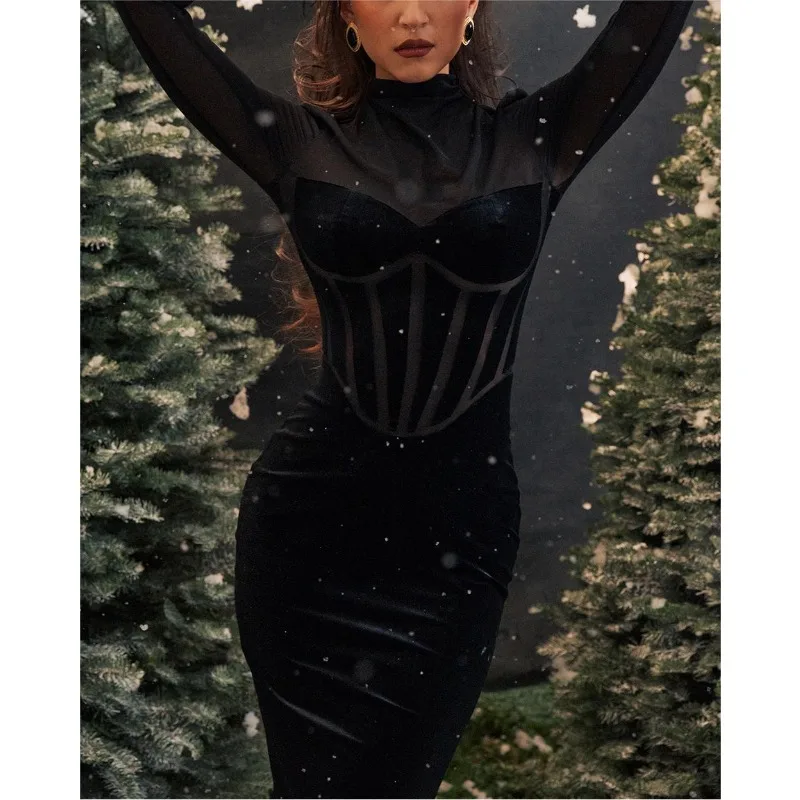 

Sexy Spicy Girl Black Feather Perspective Mesh Wrap Hip Party Dress Temperament Commuting Women's Fashion Christmas Dresses