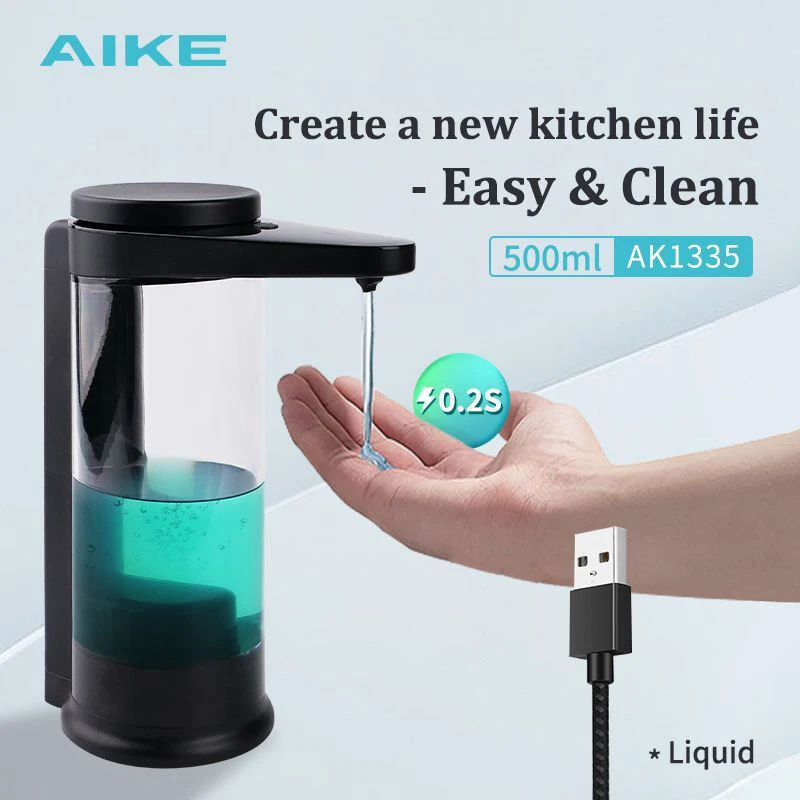 Aike-dispensador de Sabão Líquido Automático para Cozinha Dispensador Detergente para Lavar Pratos Sensor Recarregável Usb