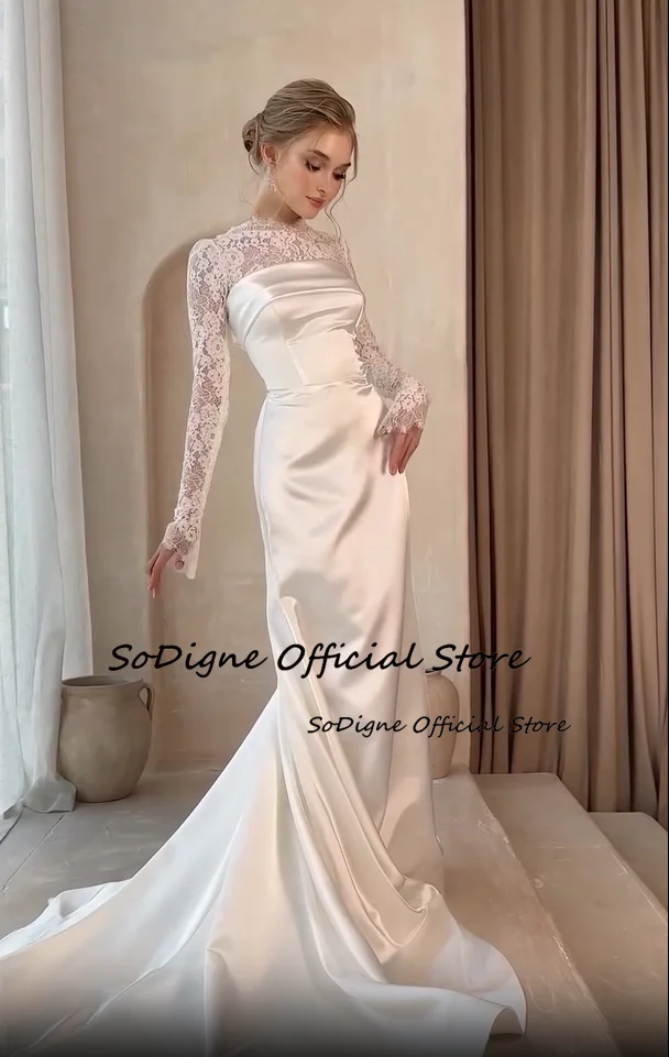 SoDigne Mermaid Satin/Lace Wedding Dresses O-neck Full Sleeves Bridal Dress Long Bridal Gown with Bow 2025 Customized 2