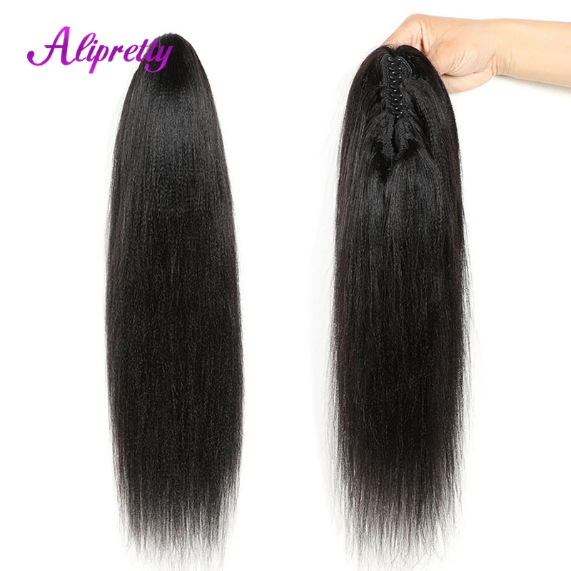 Alipretty Permed Yaki Straight Human Hair Ponytail Extensions Claw Clip In Ponytail Human Hair For Women Brazilian Remy Hair