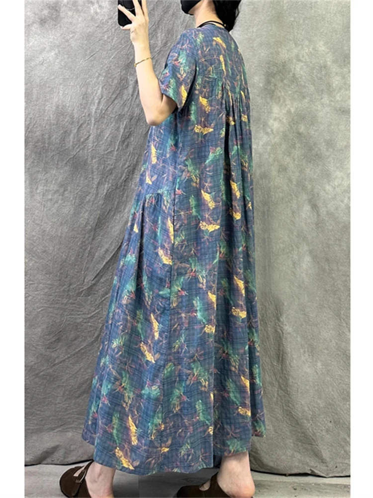 Summer Cotton Vintage Casual Loose Print Women Dresses Short Sleeve Blue Dress Femme Vestidos Office Lady Elegant Long Clothing