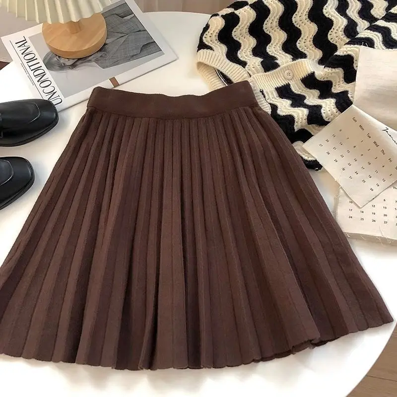 High Waist Mini Skirt Women Knitting Pleated A-line Thicken Loose Korean-style Hotsweet Girls Gentle Elegant Chic Leisure Solid 4