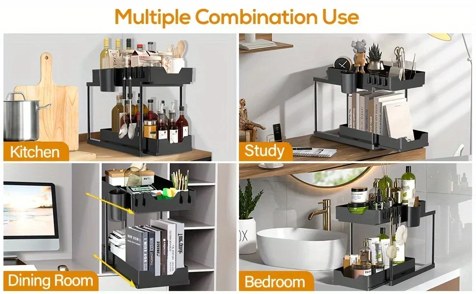 Description Picture 4 of item2-Tier Under Sink Organizers Storage Sliding L-shape Bathroom Kitchen Double Sliding Cabinet Drawers Multi-Purpose Storage Shelf