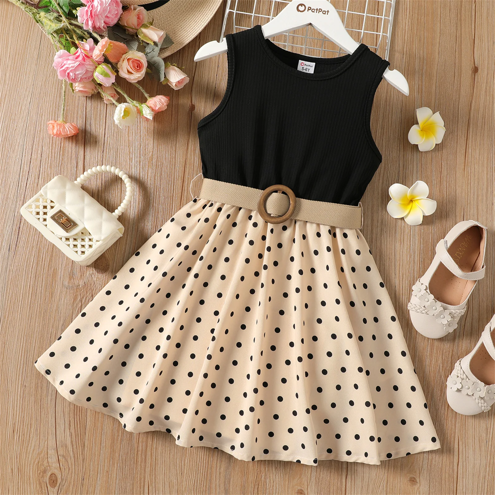 Girl Dresses Kids Clothes Girl Polka Dots Ribbed Girls Splice Sleeveless Dress & Belt 2pcs PatPat girls dress