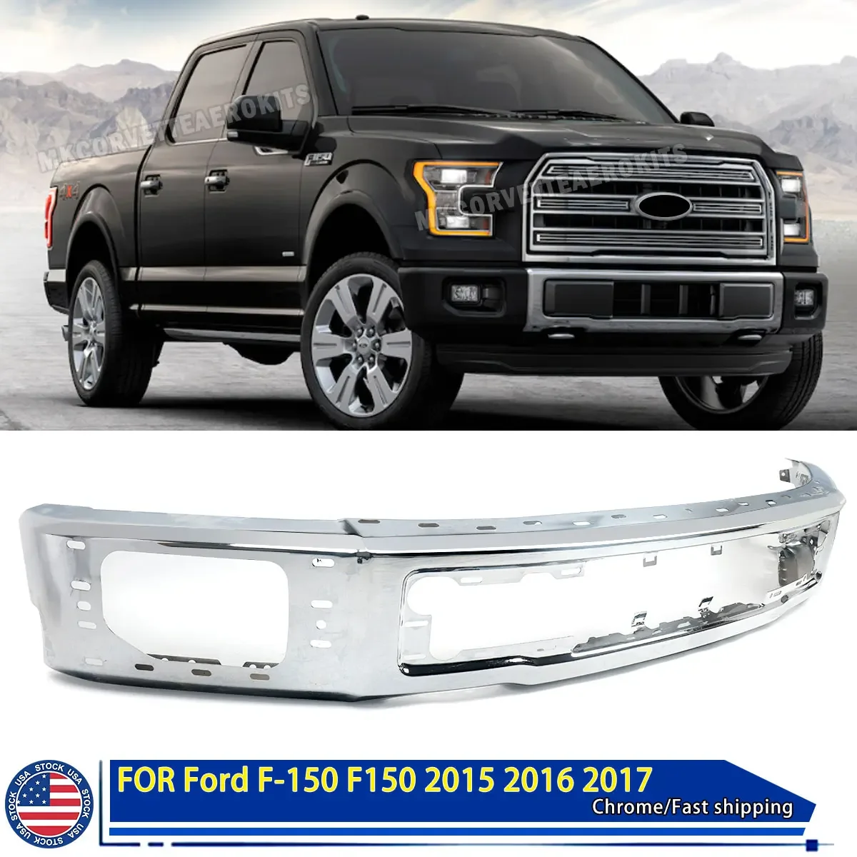 

For Ford F150 F-150 Front Bumper Face Bar with Fog Side Cover Holes Chrome Steel