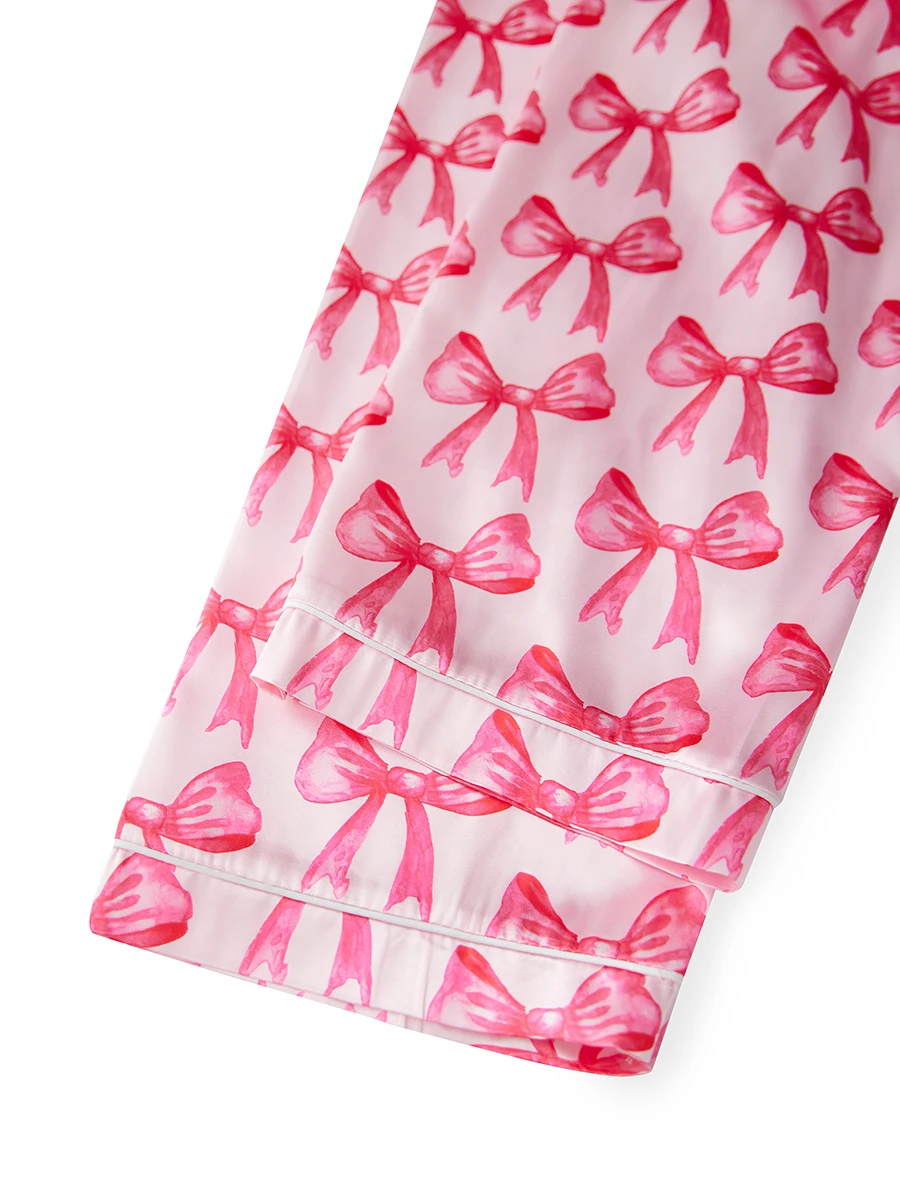 Women s Cozy Autumn Pajama Set with Cute Bow Print Soft Button Down Top and Matching Pants for Lounging 2 Piece Set for Fall