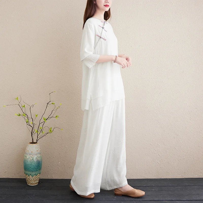 

Yourqipao Summer 2023 White Zen Retro Casual Tang Suit Cotton Linen Tea Meditation Clothing Chinese Style Pants Tops for Women