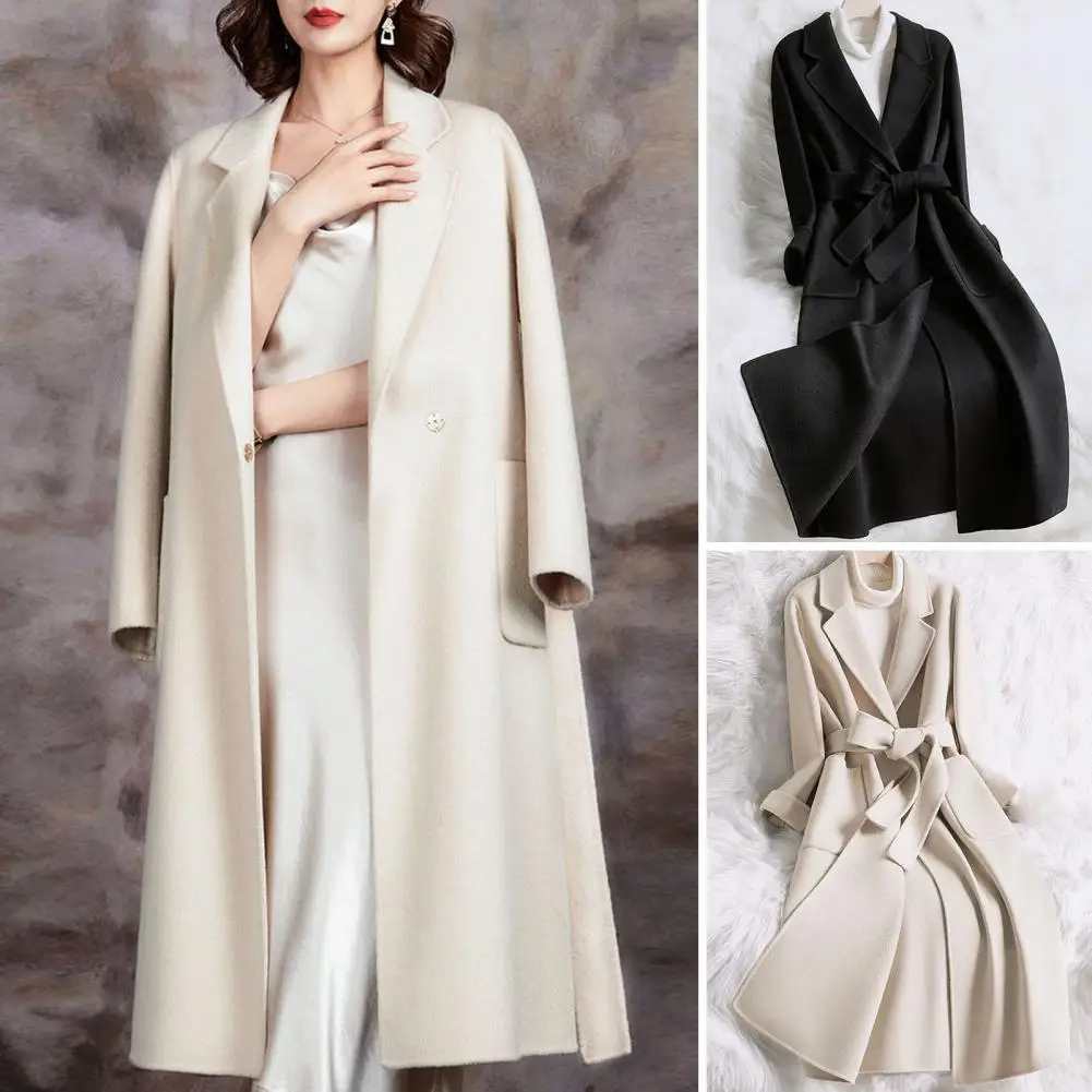 

Women Woolen Coat Elegant Women's Woolen Coat with Lapel Pockets Belt Autumn Winter Solid Color Mid-length Outwear
