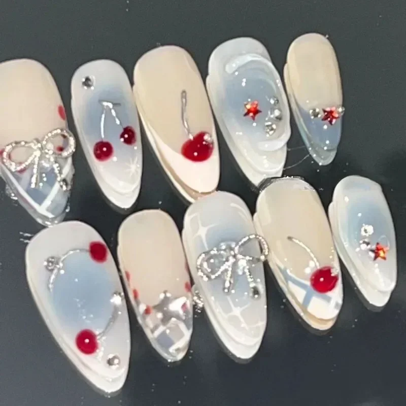 Handcrafted French Almond Press-On Nails – Cherry & Bow Design