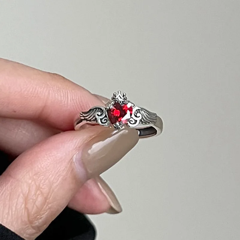 Ponykiss Vintage In Argento Sterling 925 Retrò Corona Cuore Ala Zircone Rosso Anello Di Apertura Per Le Donne Bella Gioielleria Trasporto Di Goccia