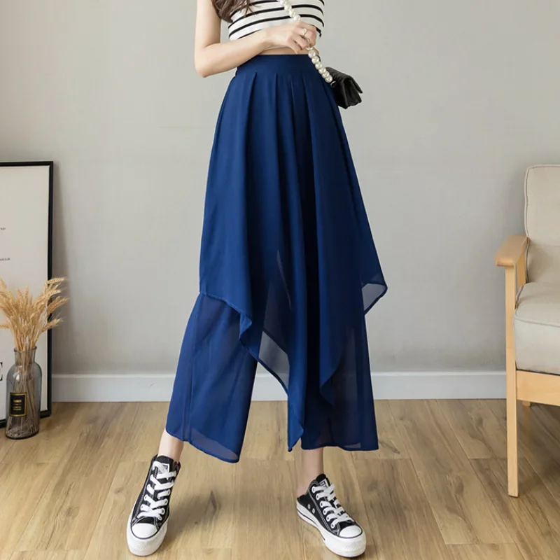 Women Casual Solid Elastic High Waist Pleated Pants 2024 Fashion Asymmetrical Chiffon Wide Leg Pant Summer Loose Skirt Trousers