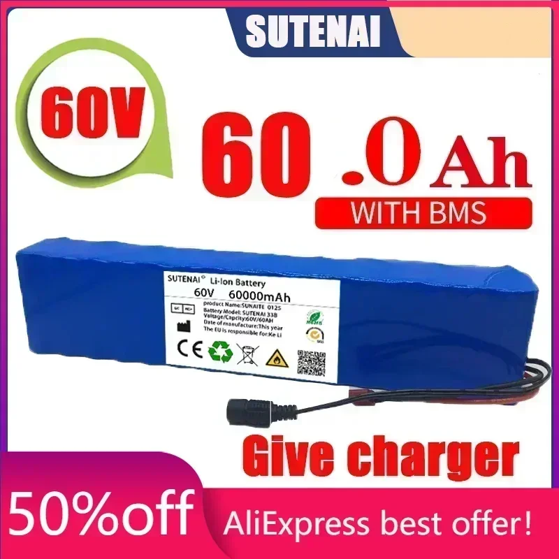 

New Electric Bike 60V 100000mAH100Ah 16S2P 18650 Lithium Ion Battery Pack E-Bike Scooter With BMS + 67.2V Charger