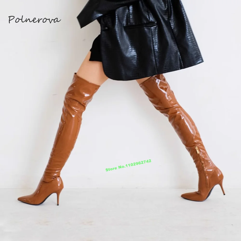 

Sexy Patent Leather Over Knee Boots Pointy Toe Thin High Heels Boots 2023 Autumn Runway Nightclub Women Shoes Mature Fashion