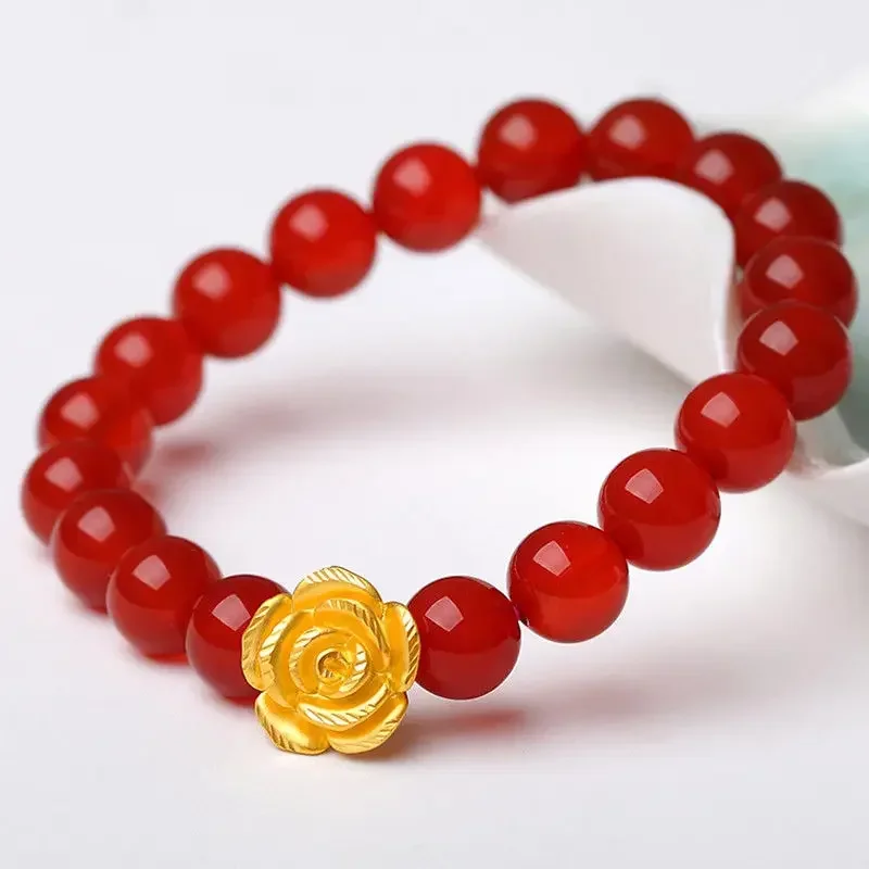 

Solid 24k Yellow Gold 3D Lucky Rose Bead with Red Agate Bead Bracelet