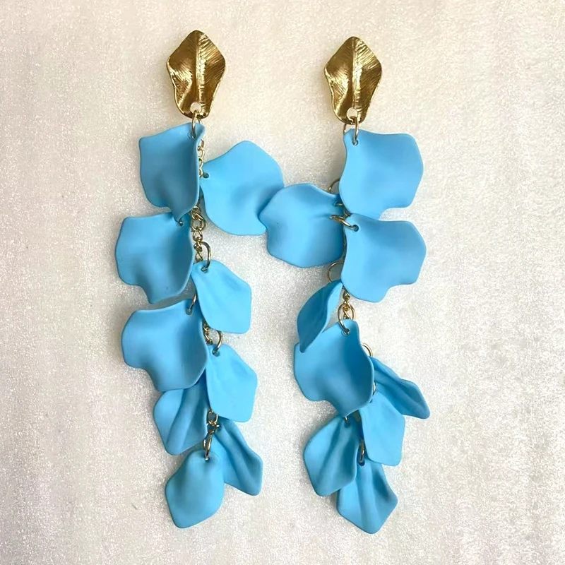 Gold Metal Leaf Acrylic Petal Tassel Earrings - Bold Floral Statement in Rose, Pink, and Orange